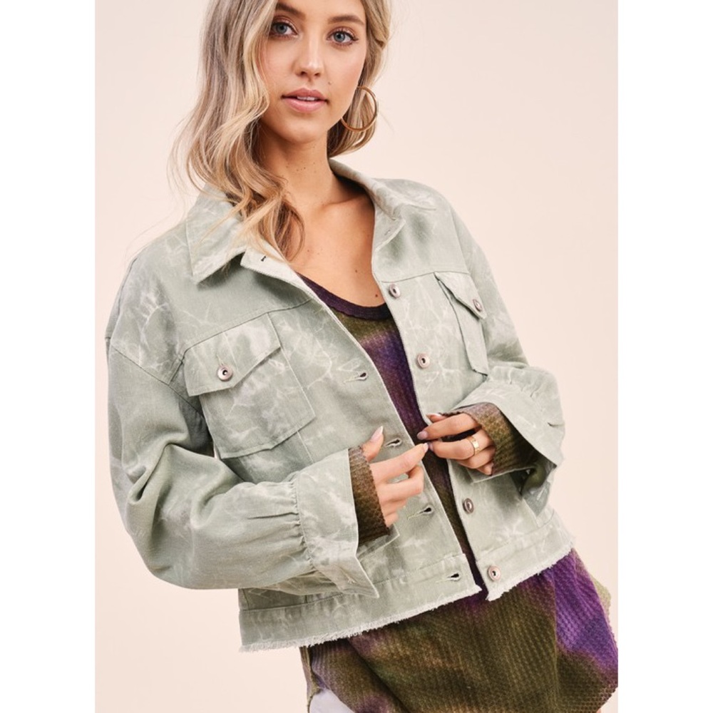 Sage Tie Dye Denim Cropped Jacket Lightweight Fall Button Up Jacket - Picture 2 of 10